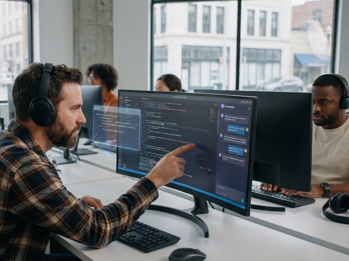 برنامهنویس در حال استفاده از دستیار هوش مصنوعی برای بررسی و نوشتن کد